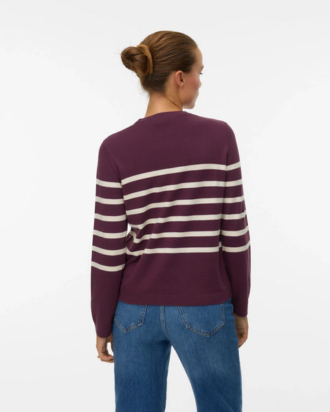 Back view of women’s plum Breton sweater with modern preppy aesthetic and slim silhouette