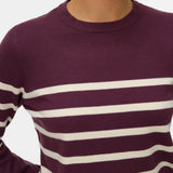 Close up of modern collegiate-inspired knitwear in rich aubergine and soft cream tones