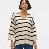 Soft knit striped sweater featuring neutral cream tones and loose fit for elevated casual and weekend outfit styling.