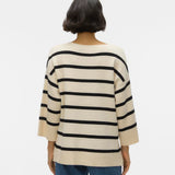 Women’s chic striped sweater featuring loose fit, neutral tones, and V-neckline for timeless capsule wardrobe essentials.