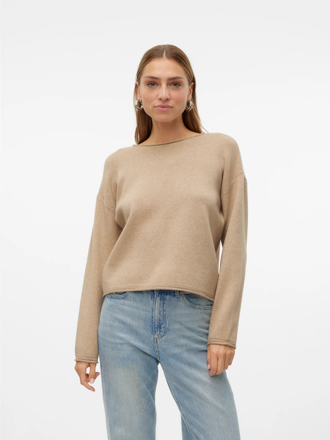 Trendy neutral long sleeve sweater with modern minimalist aesthetic and effortless boutique-inspired fashion appeal.
