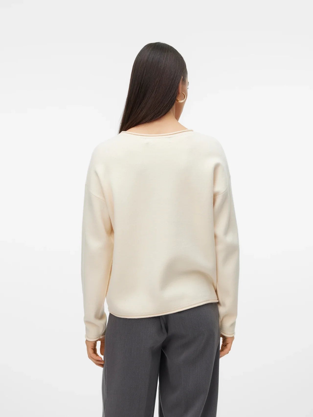 Back view of Women’s lightweight cashmere-inspired sweater in cream off-white with relaxed fit and timeless capsule wardrobe appeal.