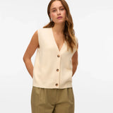 Women’s ivory sleeveless knit cardigan vest with buttons for minimalist smart casual outfits.
