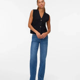 Women’s black button-front sweater vest with V-neckline and patch pockets for chic everyday layering.