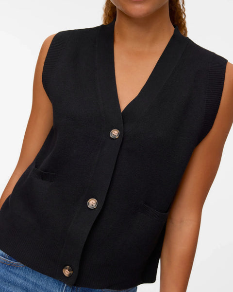 Women’s black knit waistcoat with V-neck, front buttons, and patch pockets for elevated minimalist fashion.