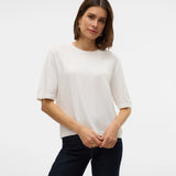 Versatile women's ivory fine knit top with crew neckline and elbow-length sleeves for sophisticated spring, summer and transitional season styling.