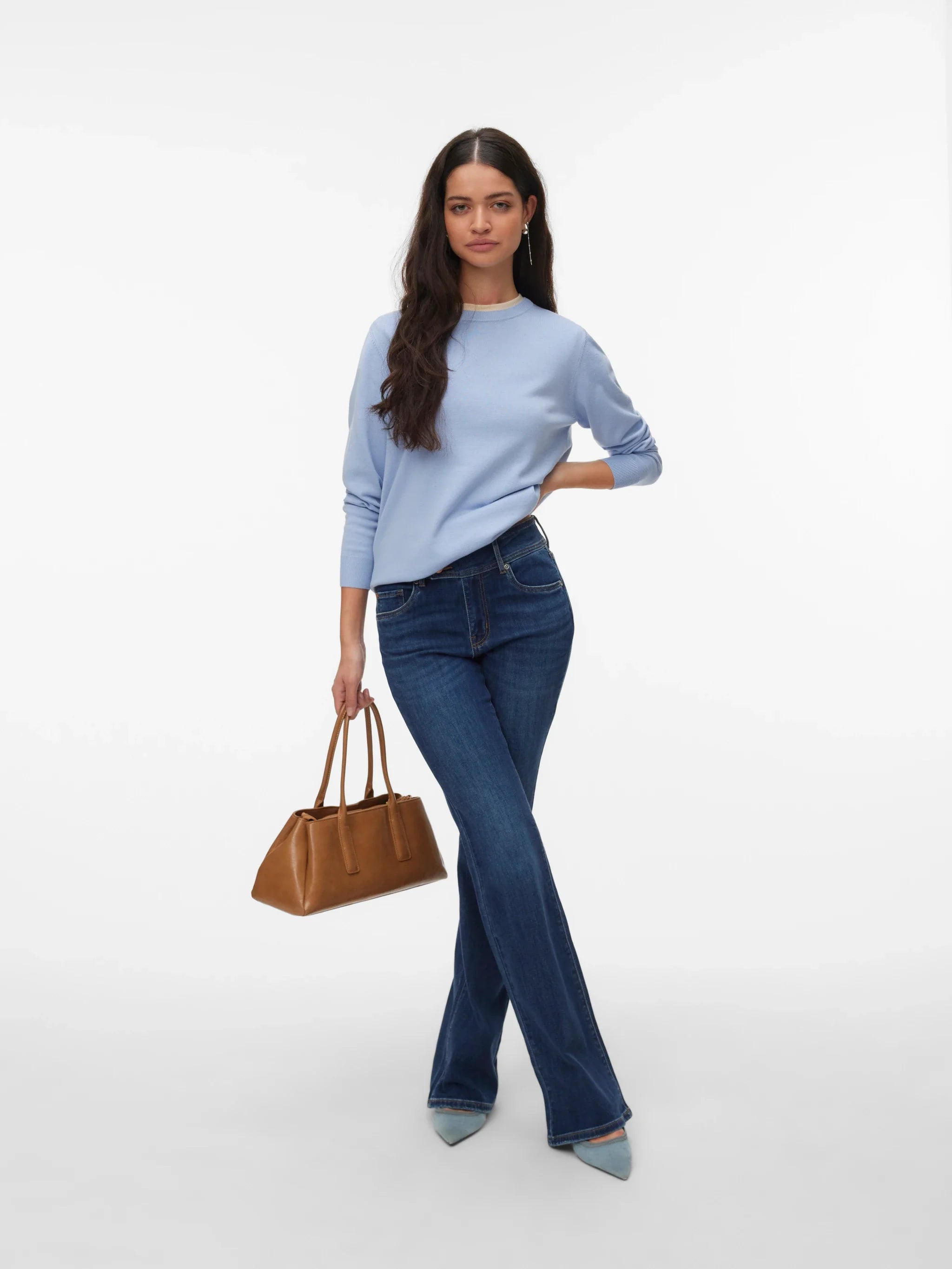 Soft blue lightweight knit sweater for women featuring a relaxed fit and classic crew neckline for transitional season styling.
