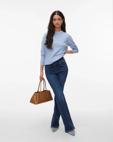 Soft blue lightweight knit sweater for women featuring a relaxed fit and classic crew neckline for transitional season styling.