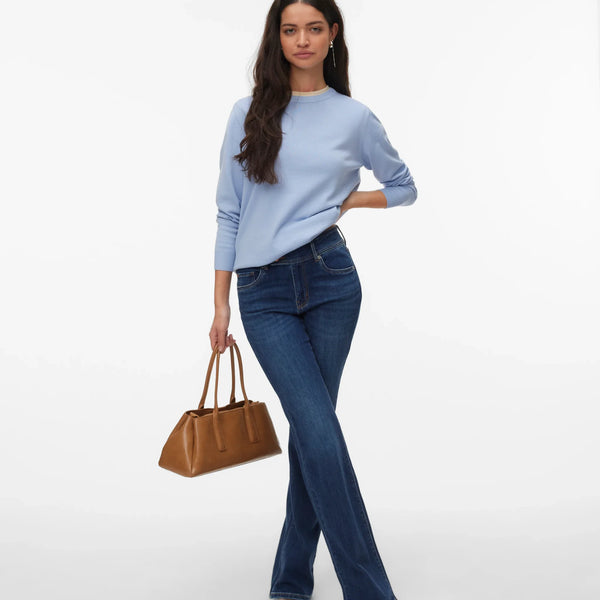 Soft blue lightweight knit sweater for women featuring a relaxed fit and classic crew neckline for transitional season styling.