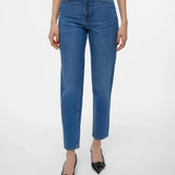 Boutique-style high-waisted denim jeans with streamlined straight leg cut and versatile capsule wardrobe appeal.