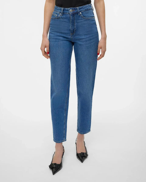 Boutique-style high-waisted denim jeans with streamlined straight leg cut and versatile capsule wardrobe appeal.