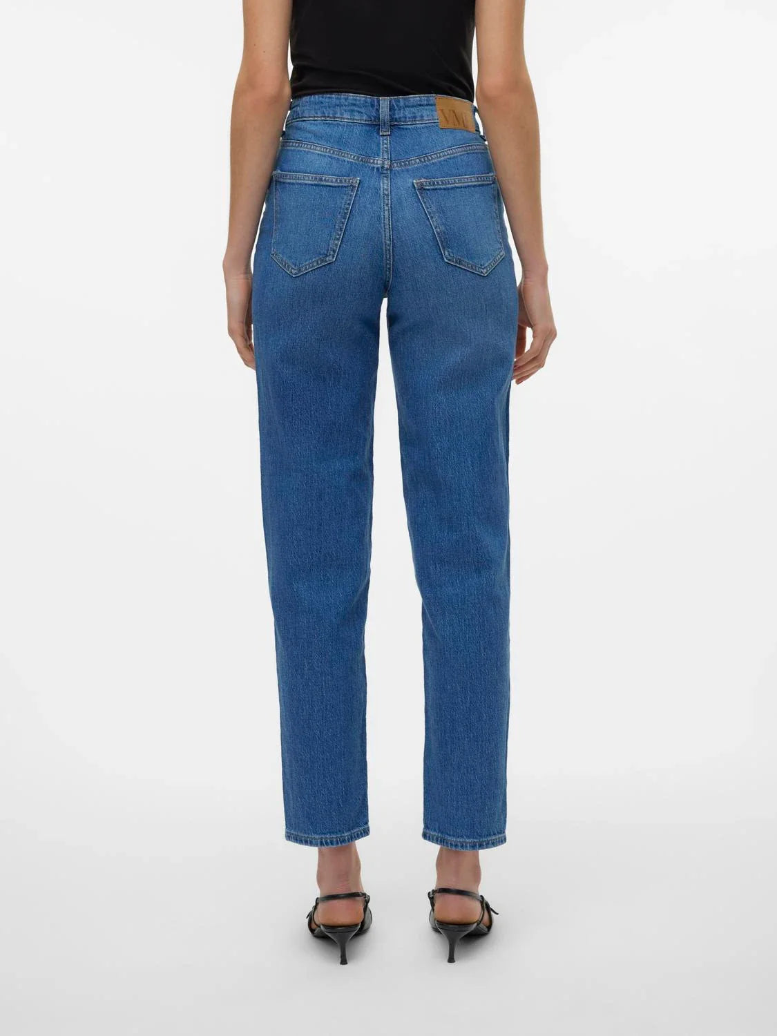 Back view of women’s premium denim jeans with high-waisted fit and versatile straight leg silhouette for casual styling.
