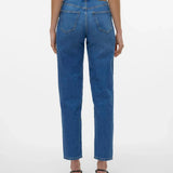 Back view of women’s premium denim jeans with high-waisted fit and versatile straight leg silhouette for casual styling.
