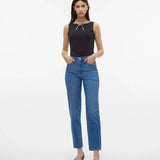 Trendy women’s slim straight denim jeans with medium wash finish and effortless street-style aesthetic.
