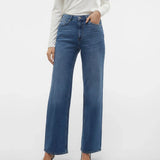Women’s medium wash denim pants with straight leg cut and elevated everyday casual-chic look.