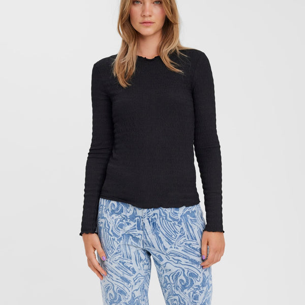 Stretch ribbed black shirt with long sleeves and flattering body-contouring fit.