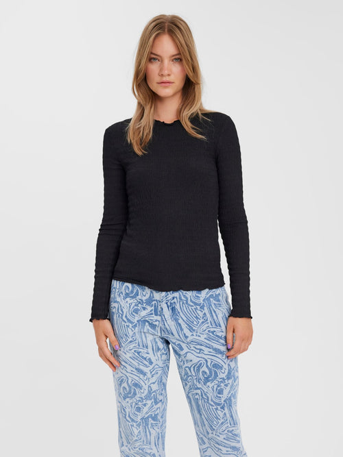 Stretch ribbed black shirt with long sleeves and flattering body-contouring fit.