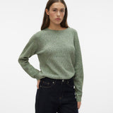 Women’s soft-touch green sweater featuring classic round neckline and comfortable relaxed knit silhouette.