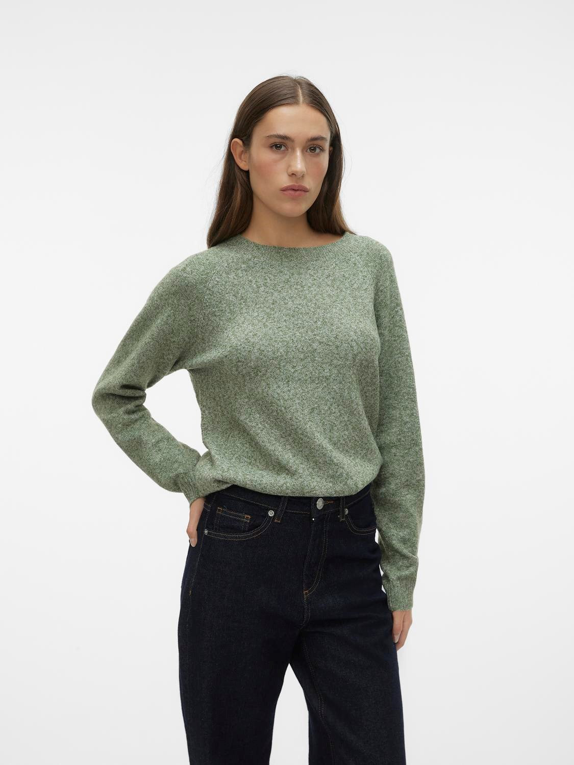 Women’s soft-touch green sweater featuring classic round neckline and comfortable relaxed knit silhouette.