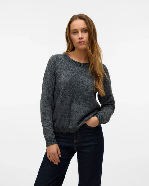 Boutique women's dark grey knit sweater with relaxed fit, ribbed detailing and long sleeves for an elevated everyday look.