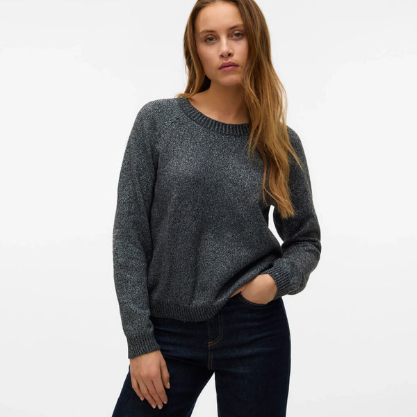 Boutique women's dark grey knit sweater with relaxed fit, ribbed detailing and long sleeves for an elevated everyday look.