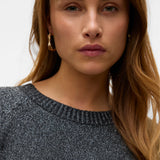 Women's charcoal grey crew neck knit sweater with long sleeves and ribbed trim for stylish everyday layering.