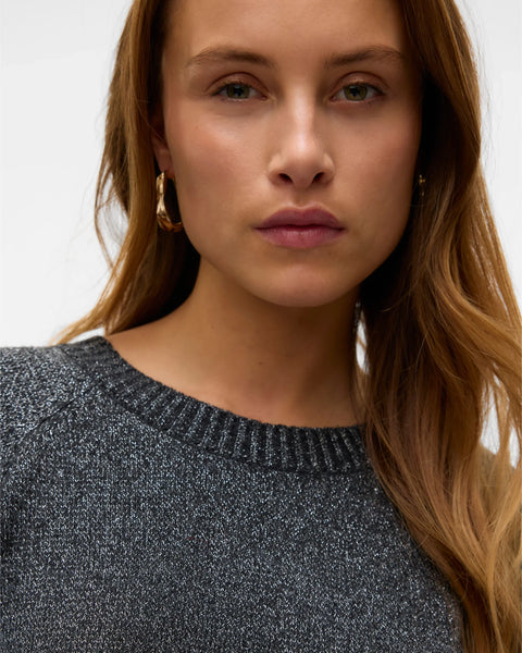Women's charcoal grey crew neck knit sweater with long sleeves and ribbed trim for stylish everyday layering.