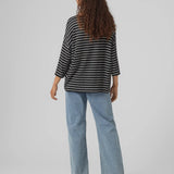 Women’s relaxed-fit striped knit top paired with denim for trendy casual weekend outfit inspiration.