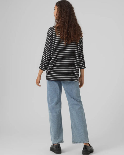 Women’s relaxed-fit striped knit top paired with denim for trendy casual weekend outfit inspiration.
