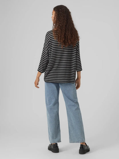 Women’s relaxed-fit striped knit top paired with denim for trendy casual weekend outfit inspiration.
